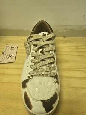 Womens Hey Girl By Corkys White and Brown Cowprint Lace-Up Sneaker
